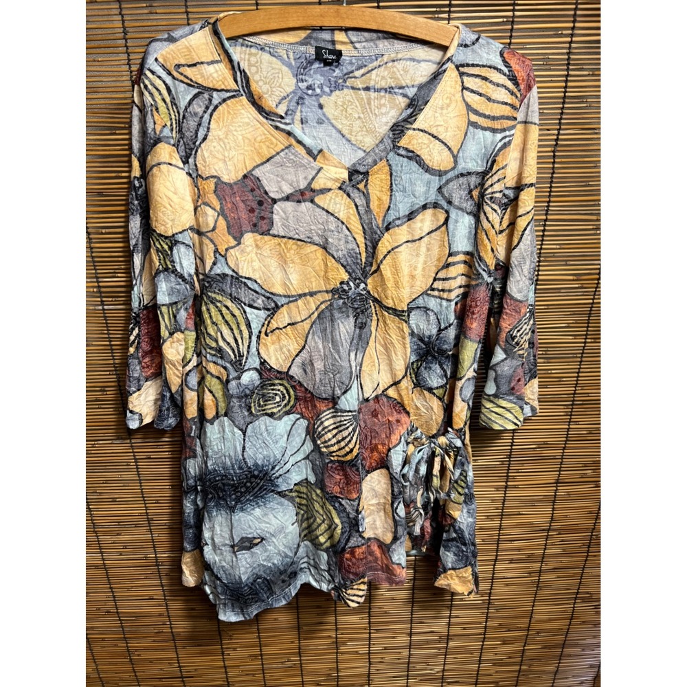 Shara Large Floral Print V-Neck Tunic Top Yellow Blue Polyester Rayon